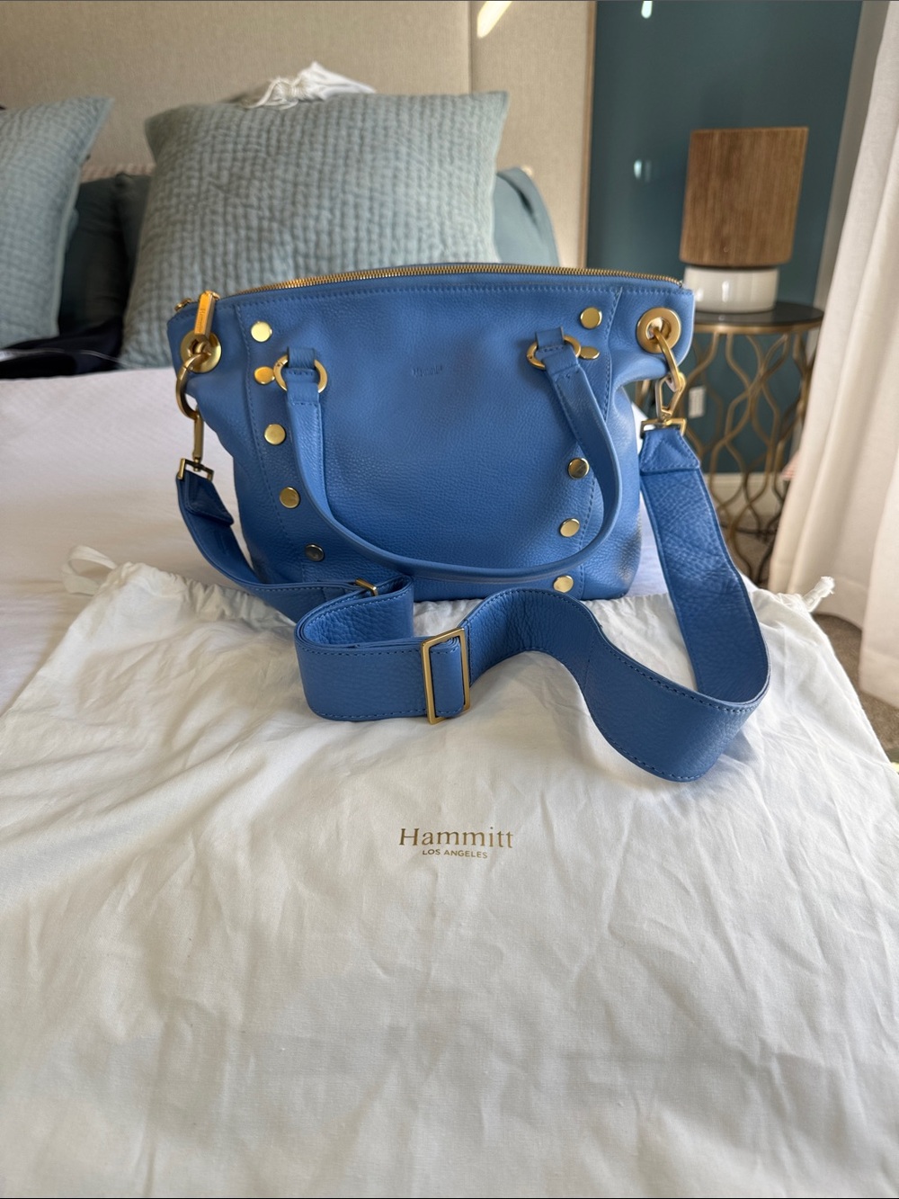 Hammitt Cornflower Blue Pebbled Leather Shoulder Bag with Gold Hardware